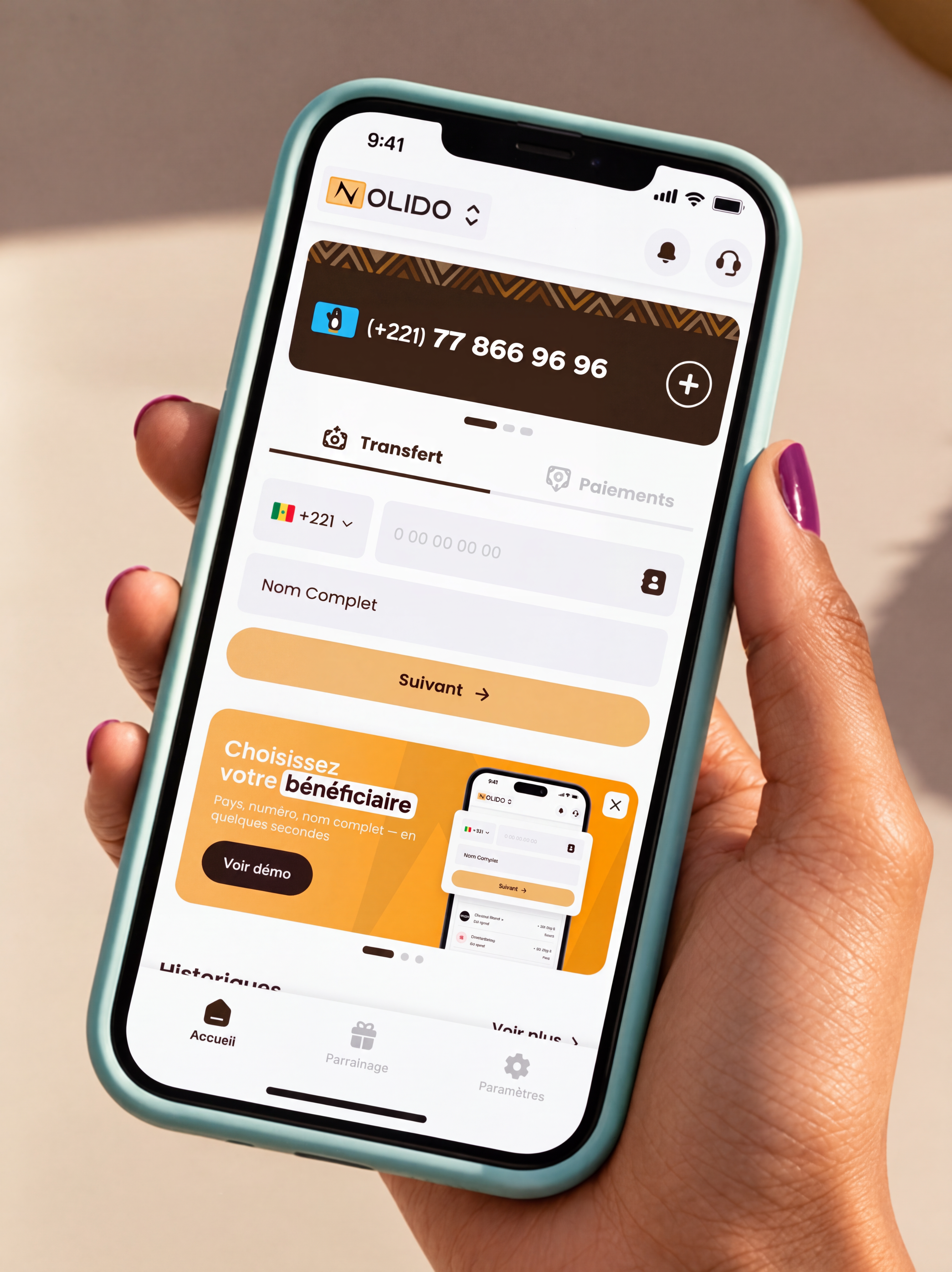 L’application Nolido N’Lite affichée sur un téléphone tenu en main.