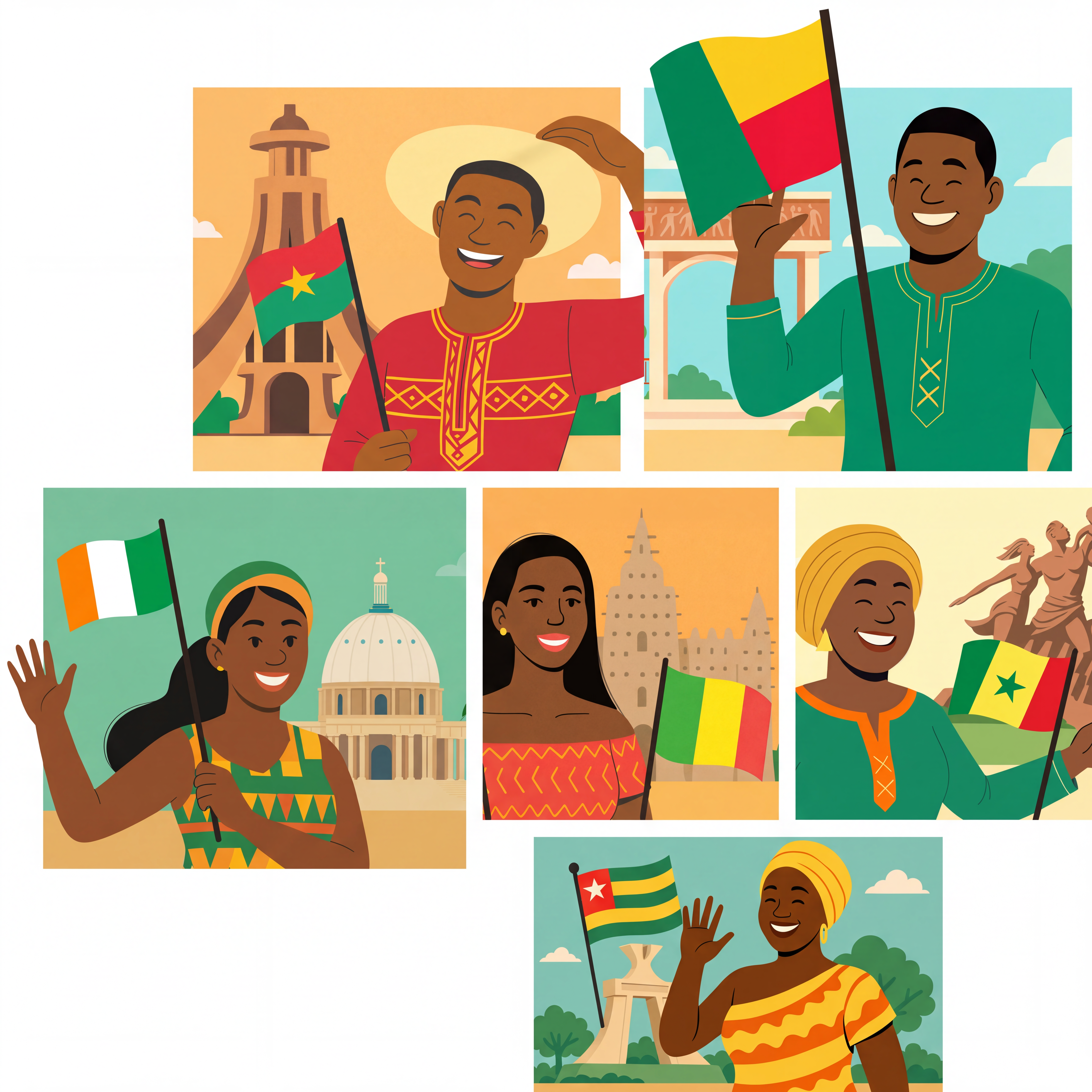 Illustration du Burkina Faso, du Bénin, de la Côte d’Ivoire, du Mali, du Sénégal et du Togo.
